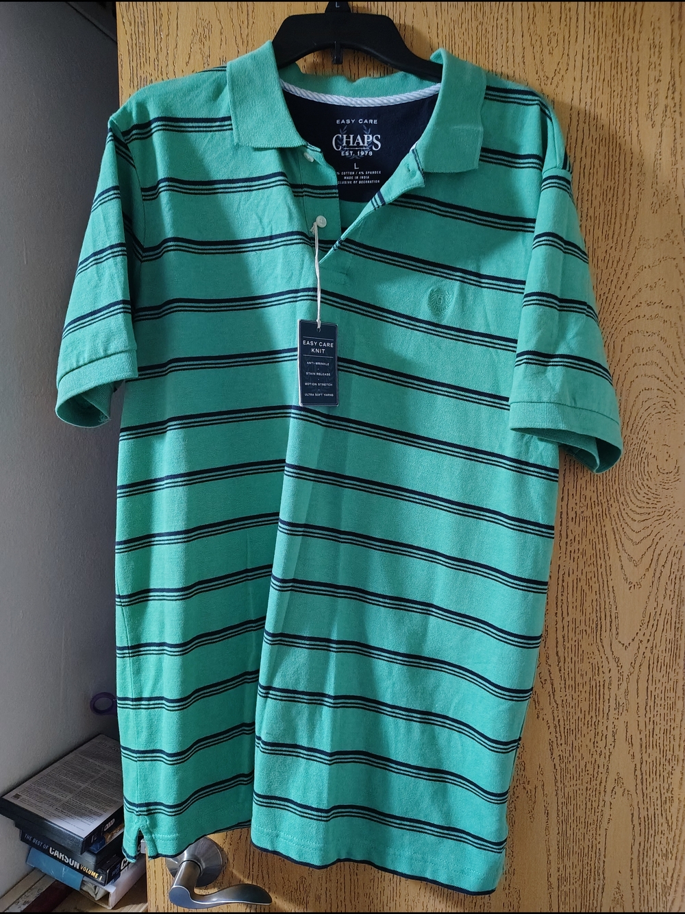 Chaps Men’s Mint Green Polo with Navy Stripes